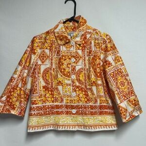 Vibrant Orange and Yellow Patterned Jacket petite Sz 8 Coldwater creek